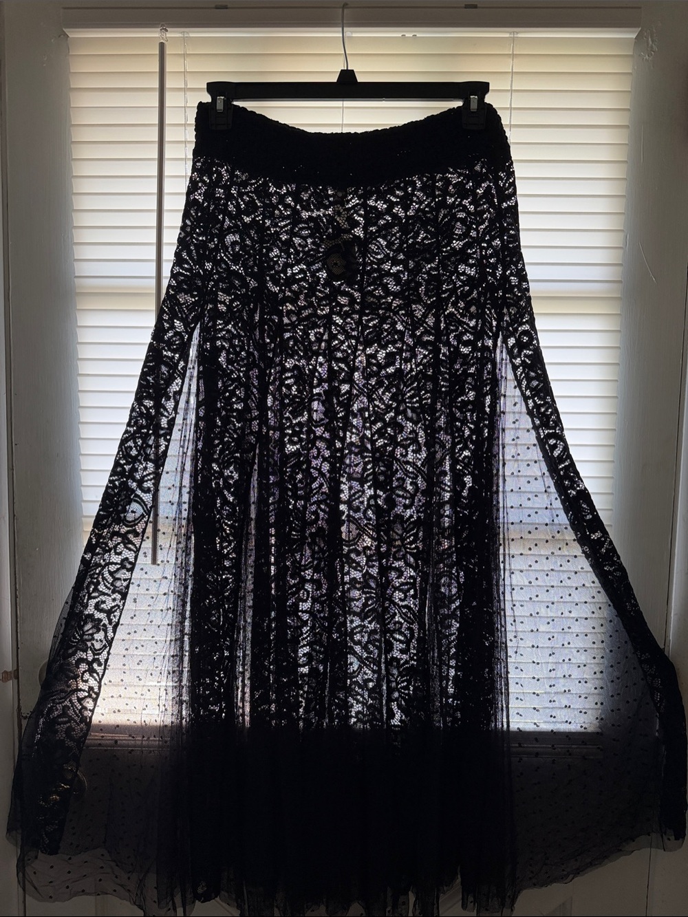Elegant Black Lace Maxi Skirt with Sheer Inlays